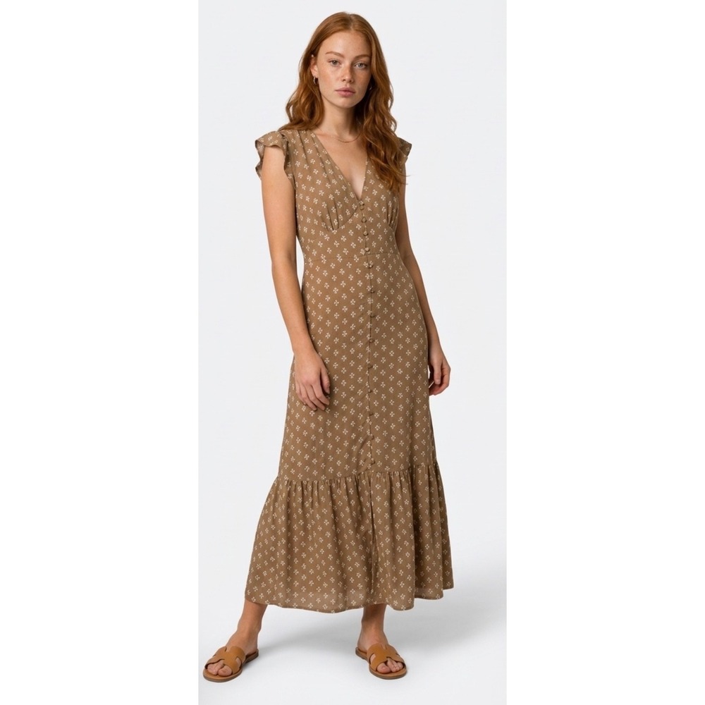 Monteau Maxi Dress Womens Medium Tan Floral Button Front Ruffle Excellent Boho